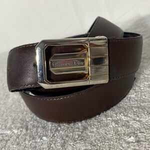 Vintage Christian Dior Brown Leather Belt with Gold Tone Logo Buckle